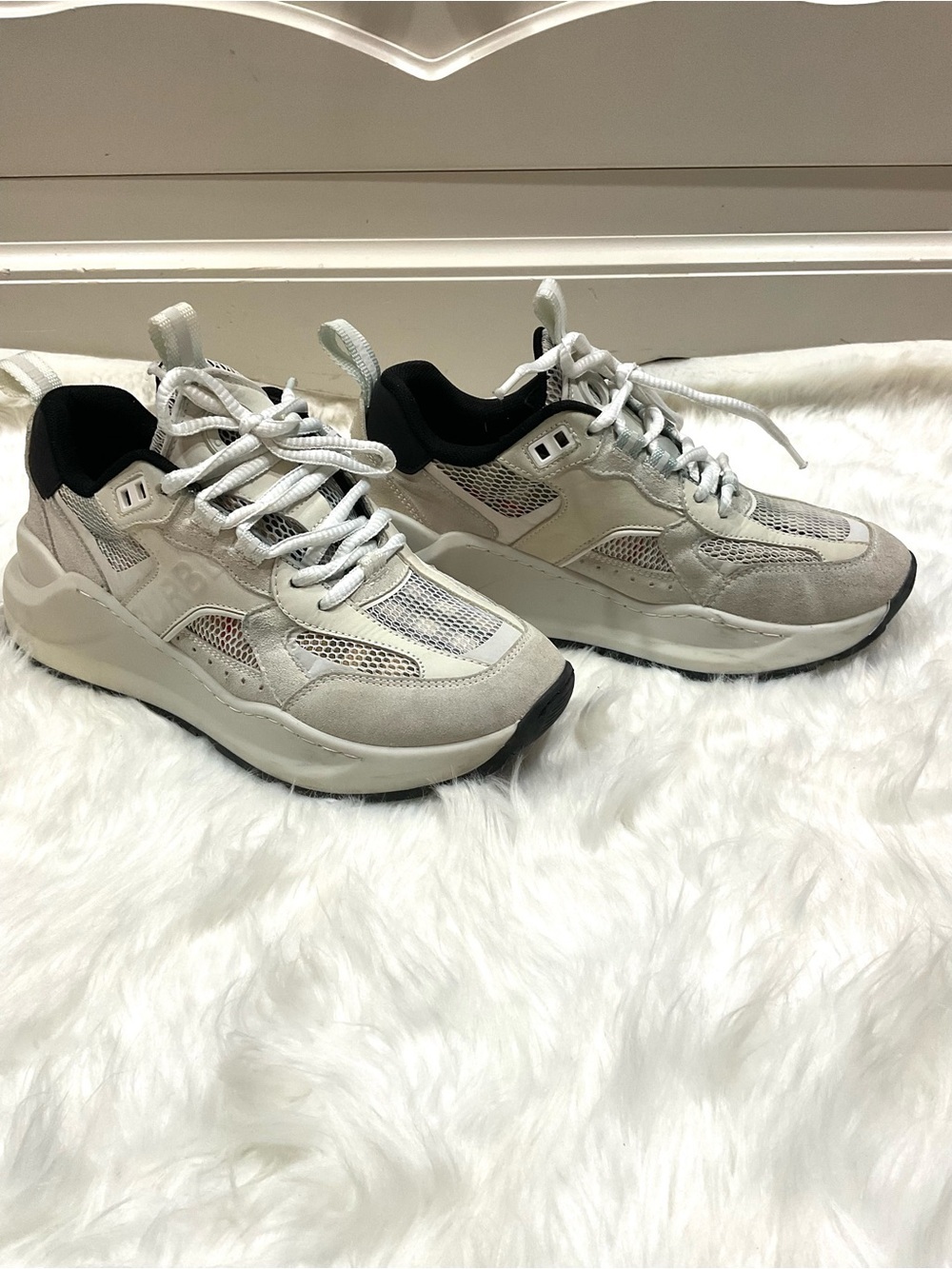 Women’s Burberry Logo Print Leather, Suede and Check Mesh Sneakers
